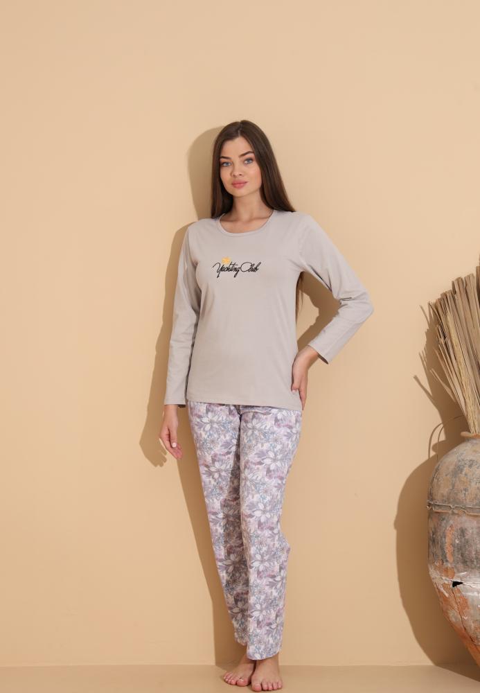 Pijama Dama „Yachting Chib" ,Pantaloni si Maneca Lunga,Culoare Crem, Engros